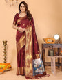 Maroon Banarasi Silk Saree with Golden Zari Woven Border & Peacock Digital Print Pallu – Bridal & Festive Special