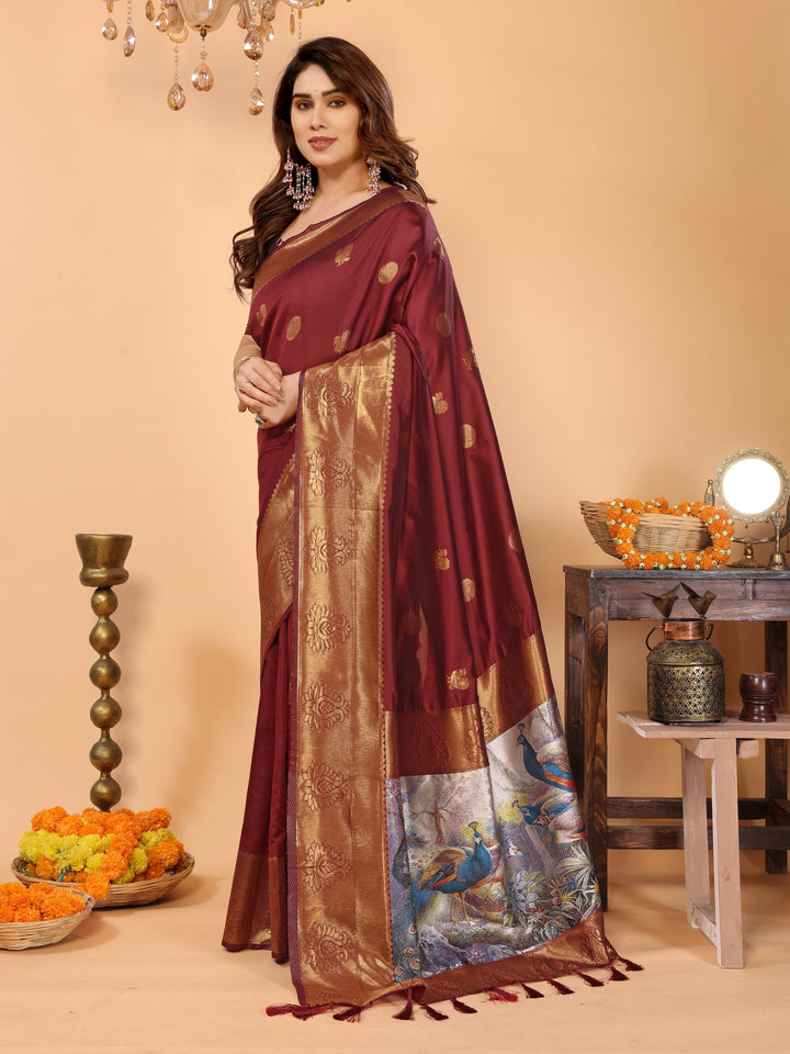 Maroon Banarasi Silk Saree with Golden Zari Woven Border & Peacock Digital Print Pallu – Bridal & Festive Special