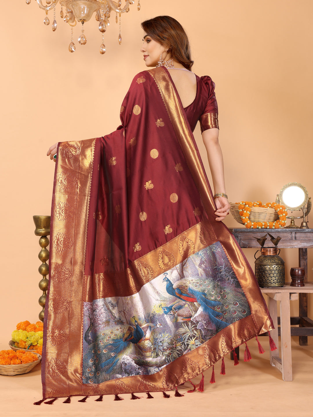 Maroon Banarasi Silk Saree with Golden Zari Woven Border & Peacock Digital Print Pallu – Bridal & Festive Special