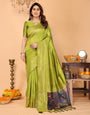 Lime Green Banarasi Silk Saree with Golden Zari Weaving & Peacock Digital Print Pallu – Festive & Elegant Occasion Wear