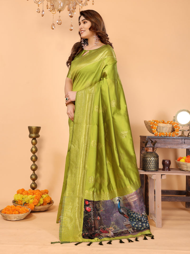 Lime Green Banarasi Silk Saree with Golden Zari Weaving & Peacock Digital Print Pallu – Festive & Elegant Occasion Wear