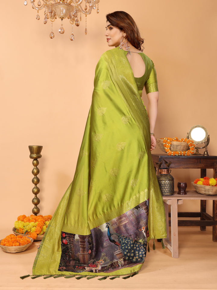 Lime Green Banarasi Silk Saree with Golden Zari Weaving & Peacock Digital Print Pallu – Festive & Elegant Occasion Wear