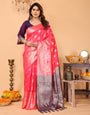 Rani Pink Banarasi Silk Saree with Silver Zari Weaving & Royal Violet Border – Bridal & Festive Traditional Wear