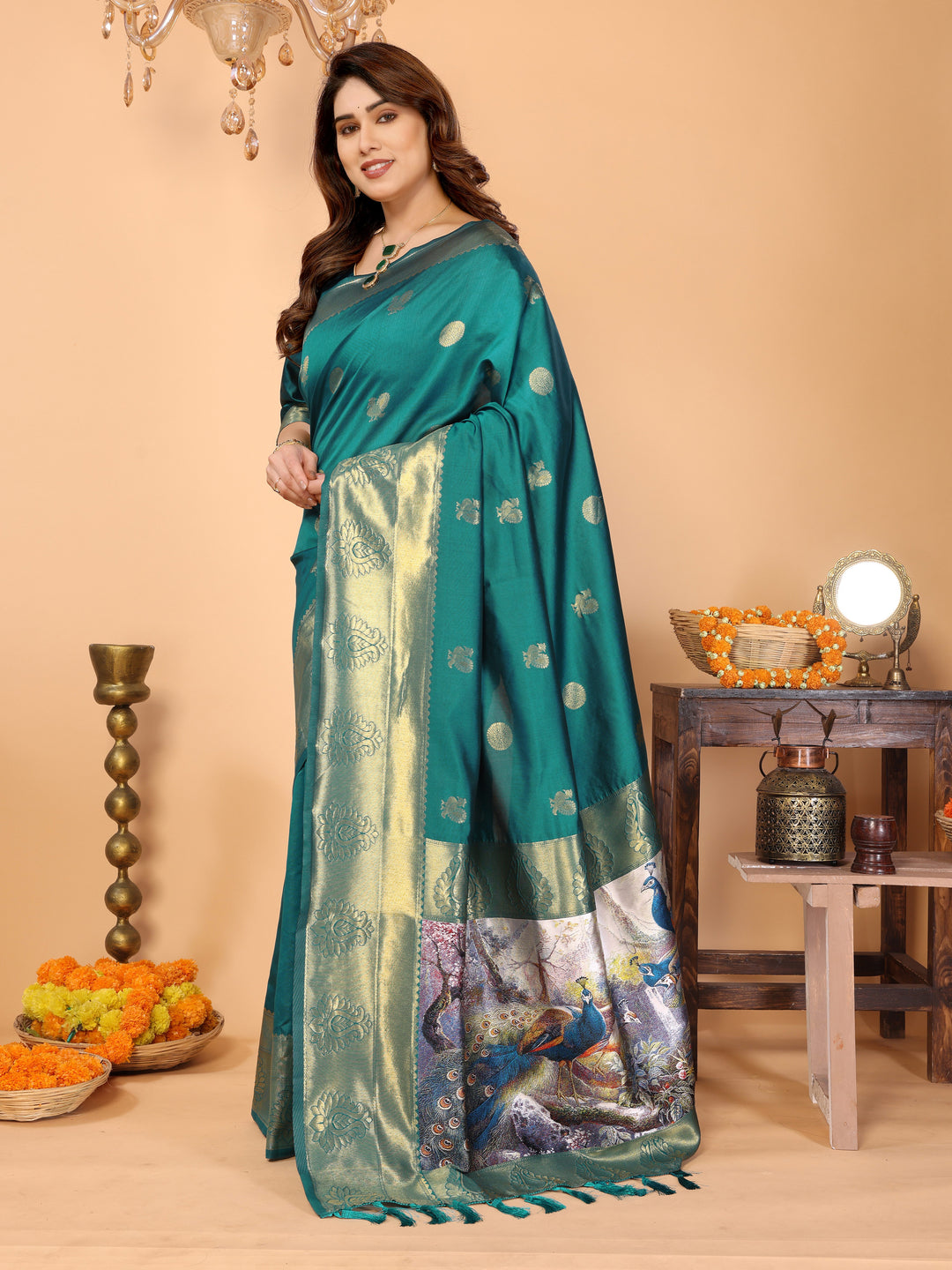 Teal Green Banarasi Silk Saree with Golden Zari Weaving & Peacock Digital Print Pallu – Festive & Wedding Wear