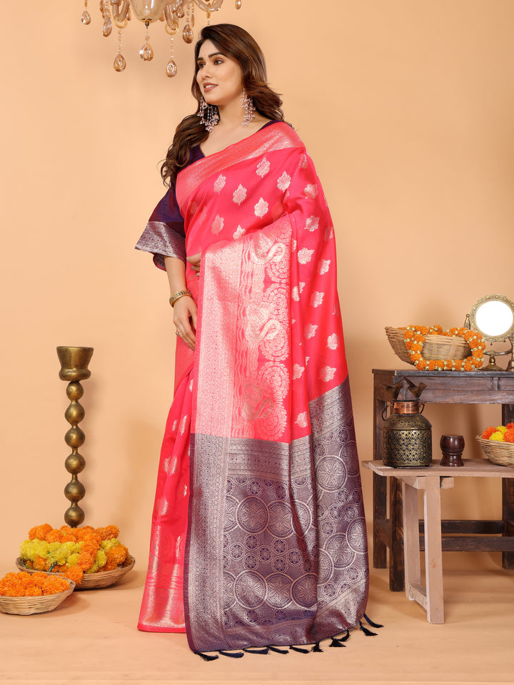 Rani Pink Banarasi Silk Saree with Silver Zari Weaving & Royal Violet Border – Bridal & Festive Traditional Wear