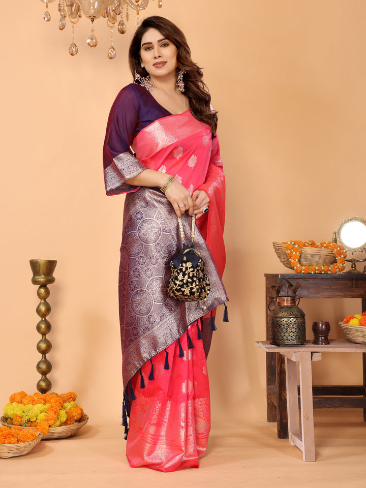 Rani Pink Banarasi Silk Saree with Silver Zari Weaving & Royal Violet Border – Bridal & Festive Traditional Wear