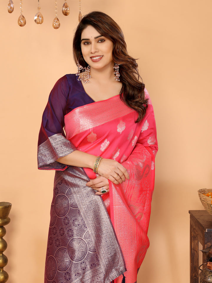 Rani Pink Banarasi Silk Saree with Silver Zari Weaving & Royal Violet Border – Bridal & Festive Traditional Wear
