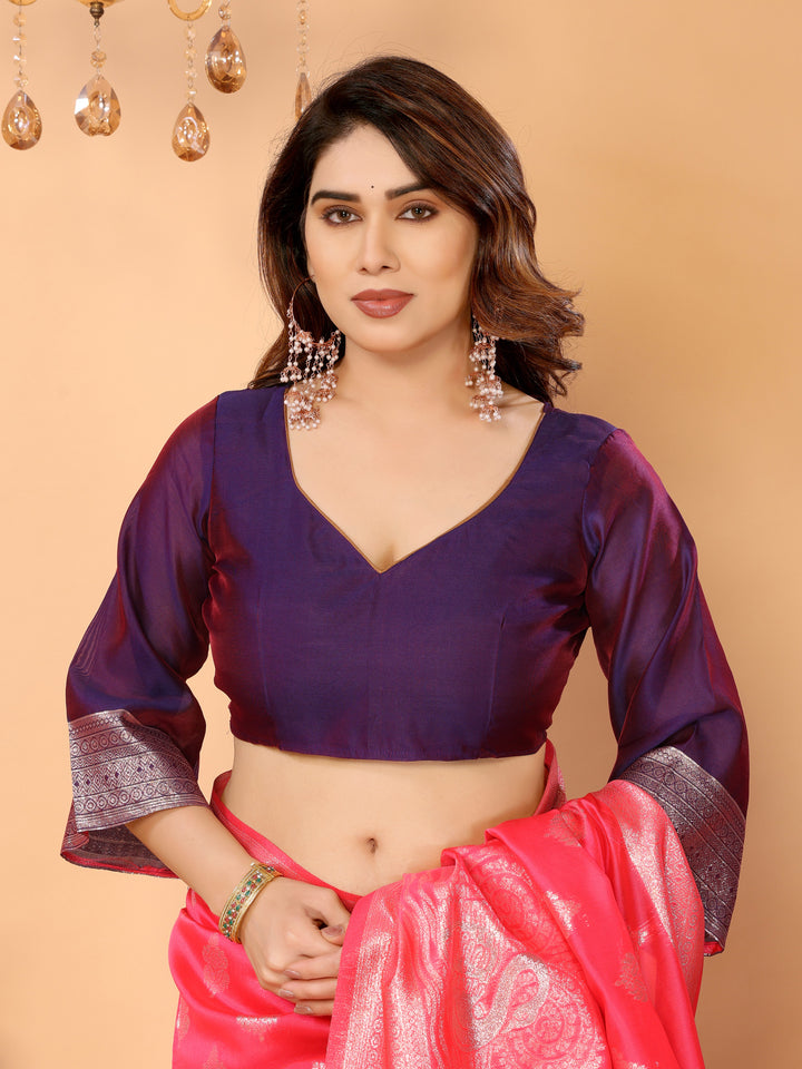 Rani Pink Banarasi Silk Saree with Silver Zari Weaving & Royal Violet Border – Bridal & Festive Traditional Wear