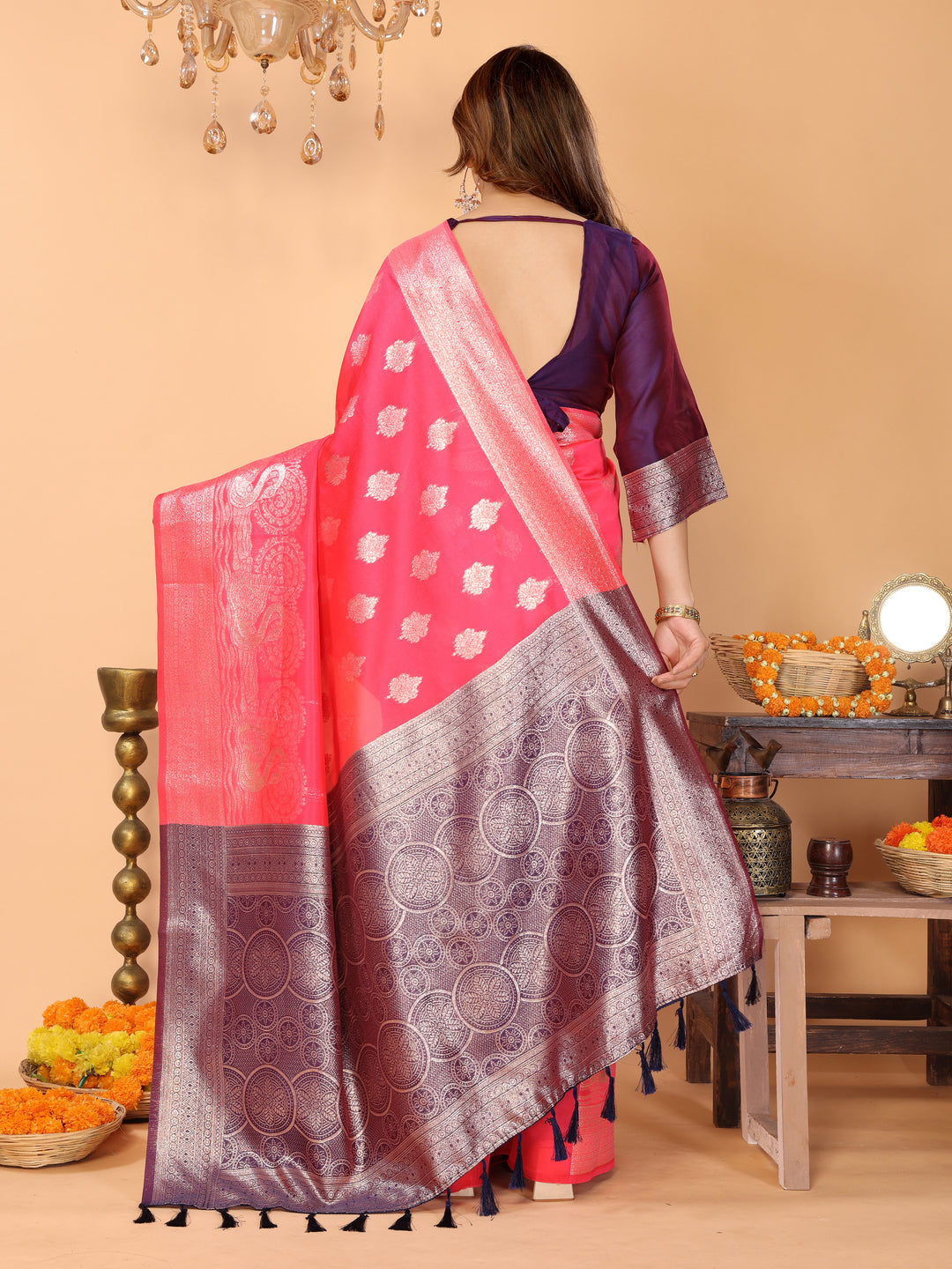 Rani Pink Banarasi Silk Saree with Silver Zari Weaving & Royal Violet Border – Bridal & Festive Traditional Wear