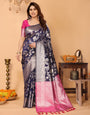 Navy Blue Banarasi Silk Saree with Silver Zari Floral Weaving & Pink Pallu – Elegant Traditional Saree for Festive & Wedding Wear