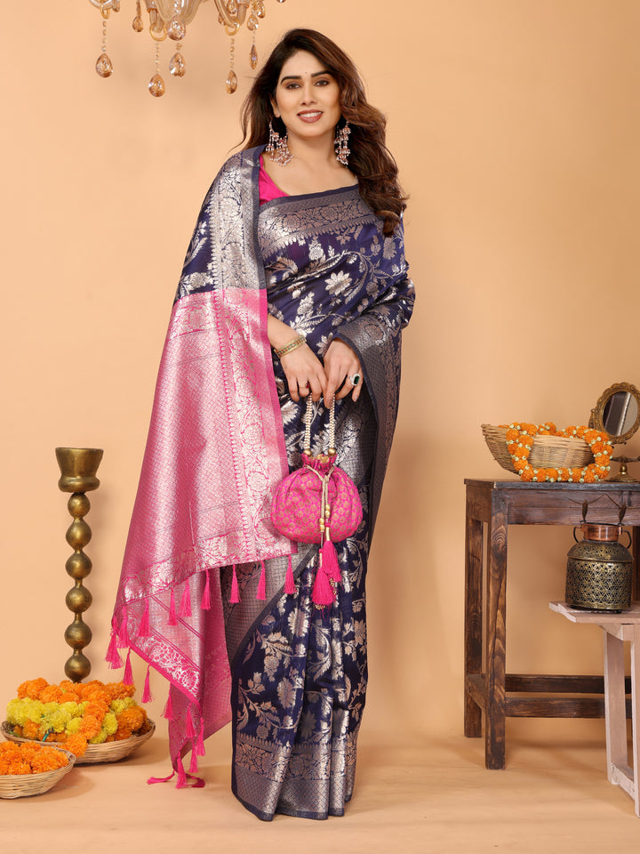 Navy Blue Banarasi Silk Saree with Silver Zari Floral Weaving & Pink Pallu – Elegant Traditional Saree for Festive & Wedding Wear