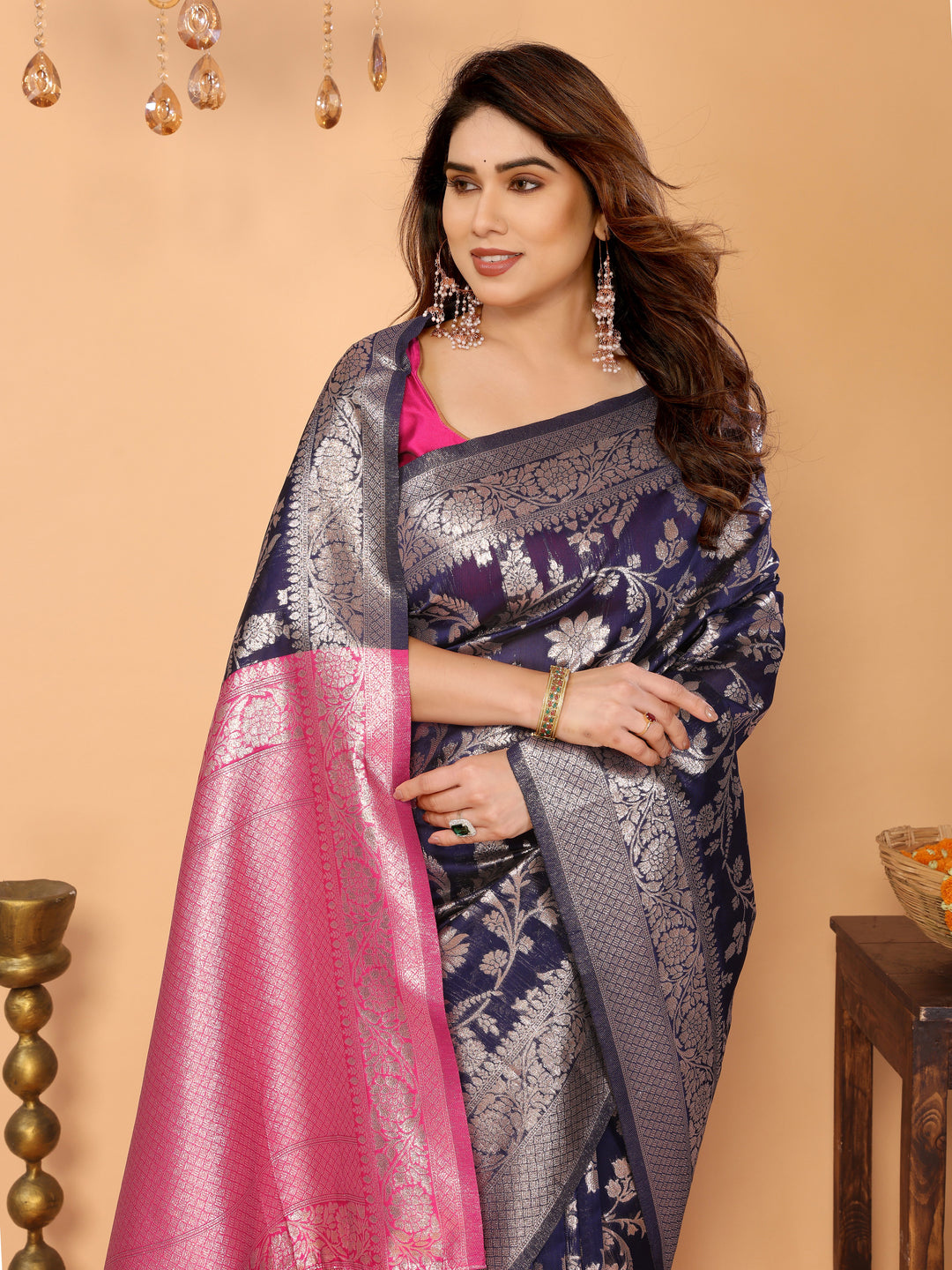 Navy Blue Banarasi Silk Saree with Silver Zari Floral Weaving & Pink Pallu – Elegant Traditional Saree for Festive & Wedding Wear