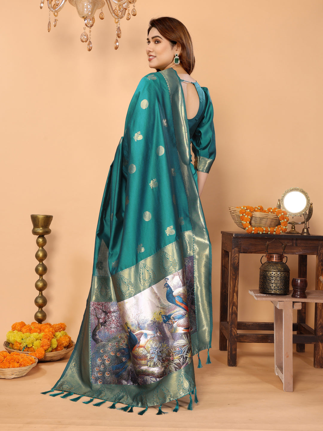 Teal Green Banarasi Silk Saree with Golden Zari Weaving & Peacock Digital Print Pallu – Festive & Wedding Wear