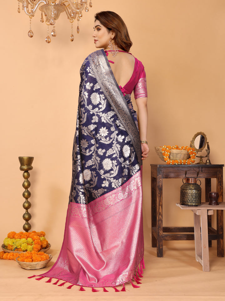 Navy Blue Banarasi Silk Saree with Silver Zari Floral Weaving & Pink Pallu – Elegant Traditional Saree for Festive & Wedding Wear
