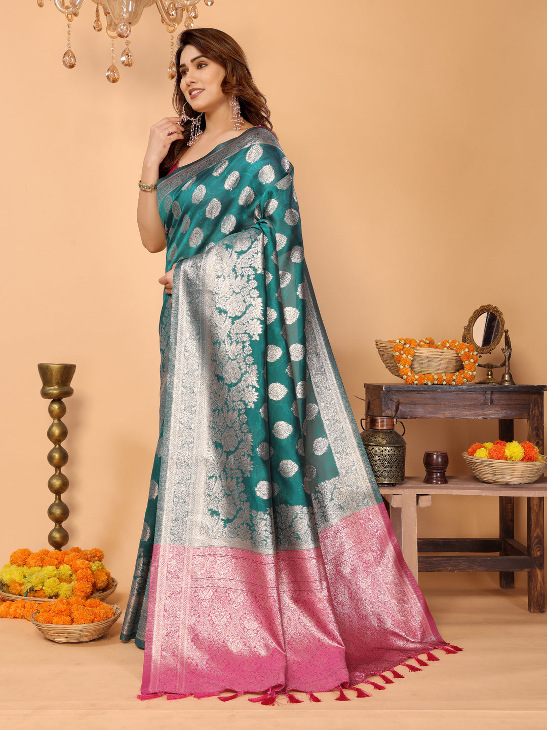 Teal Green Banarasi Silk Saree with Silver Zari Butta & Pink Pallu – Traditional Wedding & Festive Wear