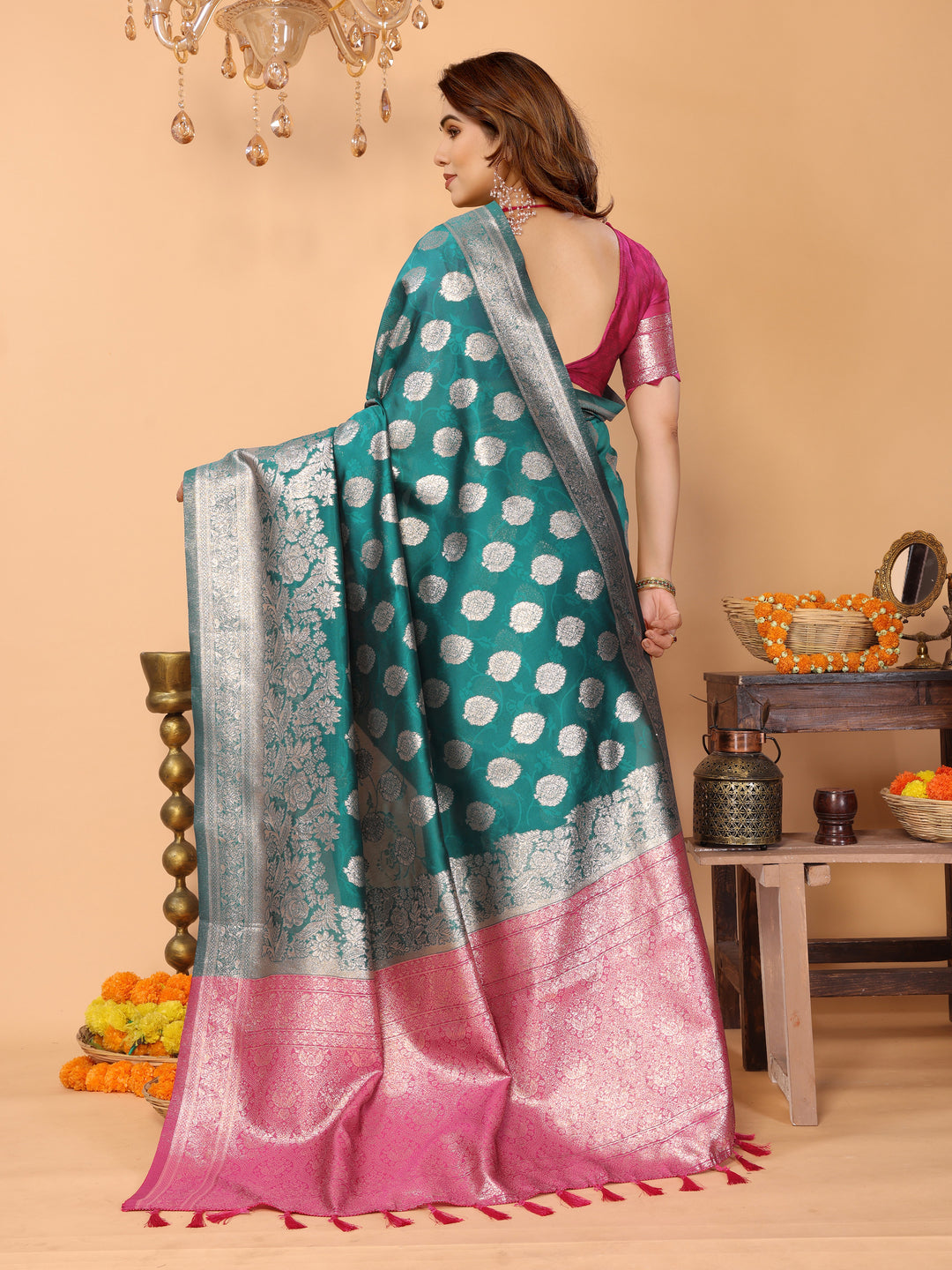 Teal Green Banarasi Silk Saree with Silver Zari Butta & Pink Pallu – Traditional Wedding & Festive Wear