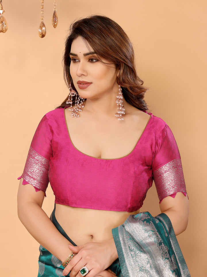 Teal Green Banarasi Silk Saree with Silver Zari Butta & Pink Pallu – Traditional Wedding & Festive Wear