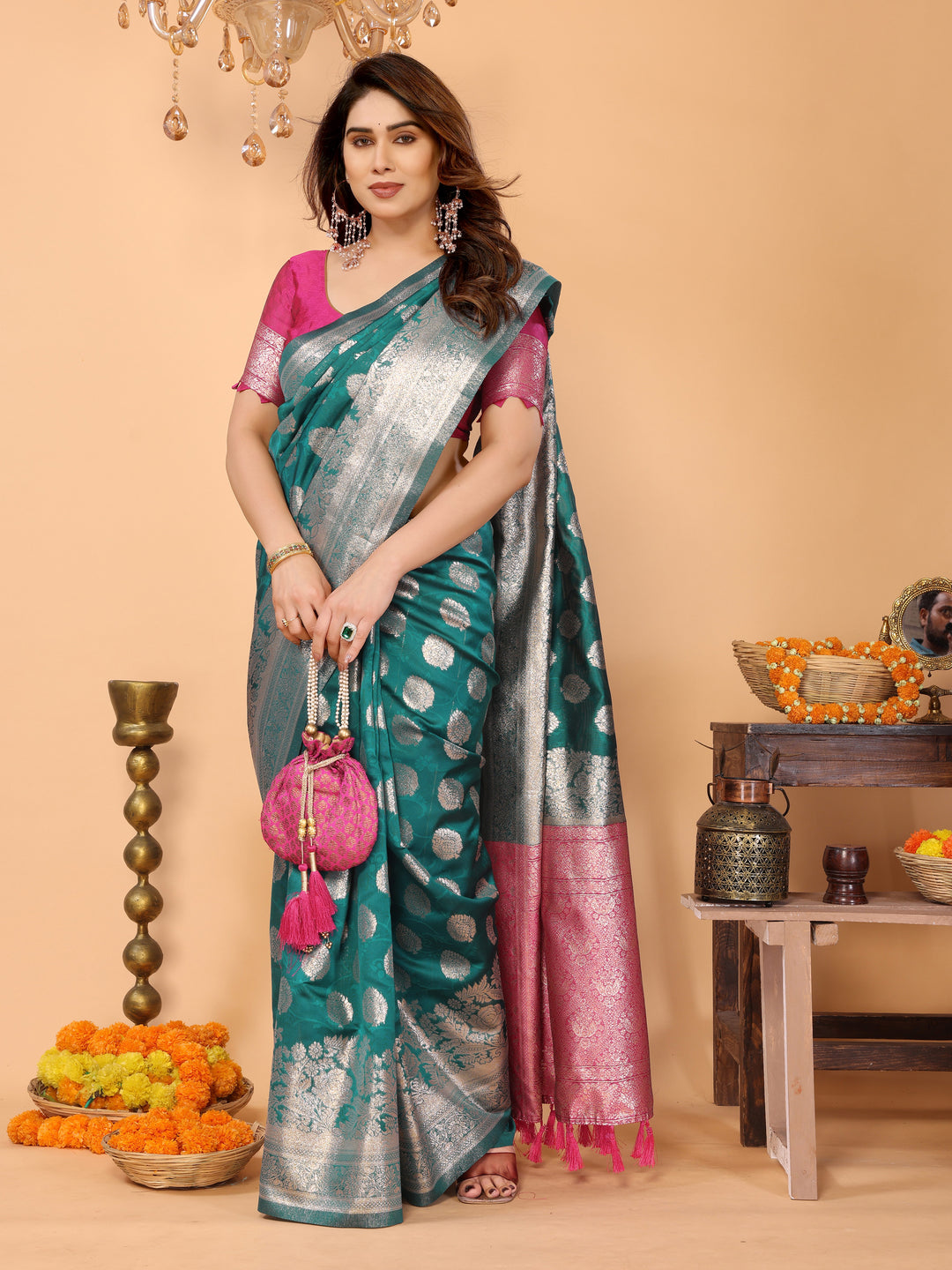 Teal Green Banarasi Silk Saree with Silver Zari Butta & Pink Pallu – Traditional Wedding & Festive Wear