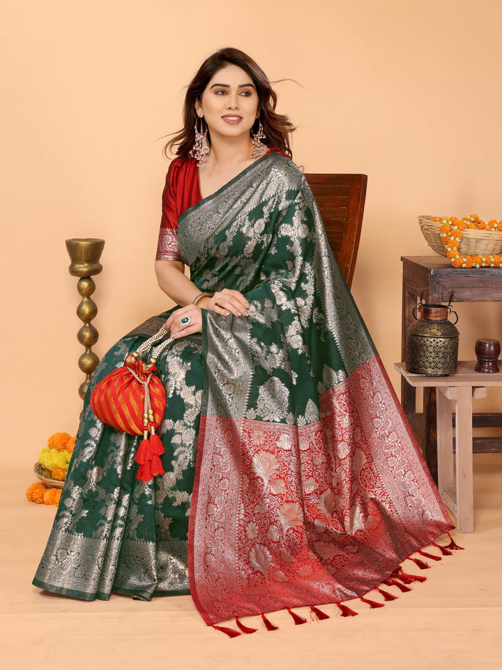 Bottle Green Banarasi Silk Saree with Silver Zari Weaving & Red Pallu – Elegant Wedding & Festive Collection