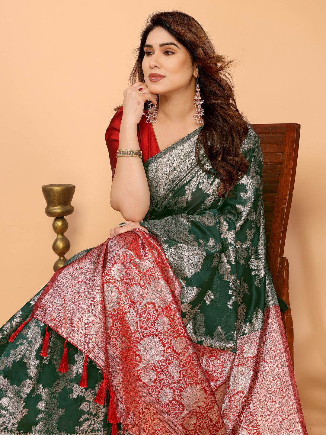 Bottle Green Banarasi Silk Saree with Silver Zari Weaving & Red Pallu – Elegant Wedding & Festive Collection