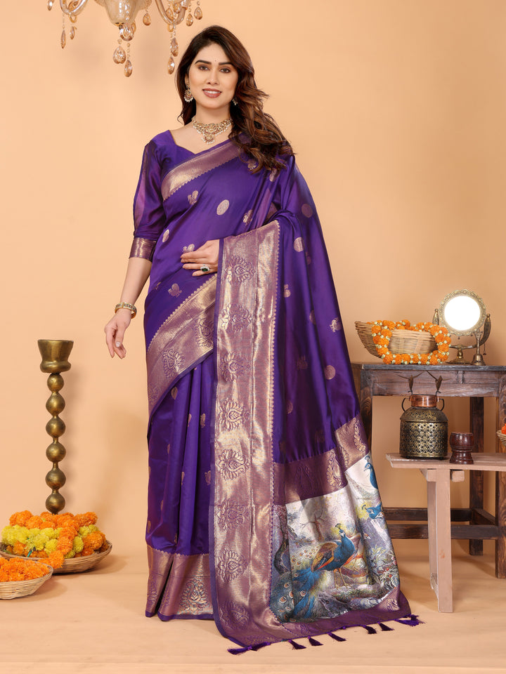 Royal Purple Banarasi Silk Saree with Golden Zari Weaving & Peacock Digital Pallu – Elegant Festive Wear