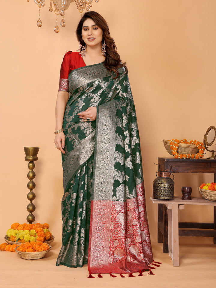 Bottle Green Banarasi Silk Saree with Silver Zari Weaving & Red Pallu – Elegant Wedding & Festive Collection