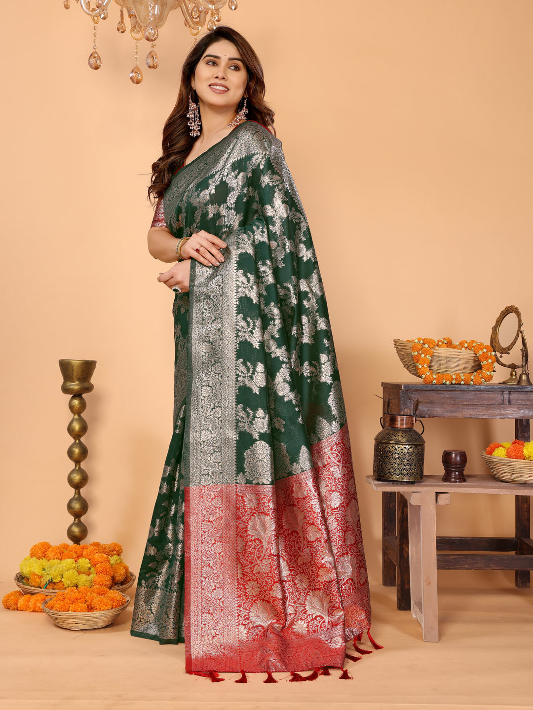 Bottle Green Banarasi Silk Saree with Silver Zari Weaving & Red Pallu – Elegant Wedding & Festive Collection