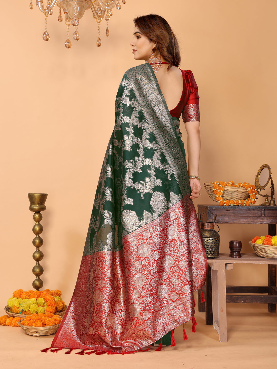 Bottle Green Banarasi Silk Saree with Silver Zari Weaving & Red Pallu – Elegant Wedding & Festive Collection