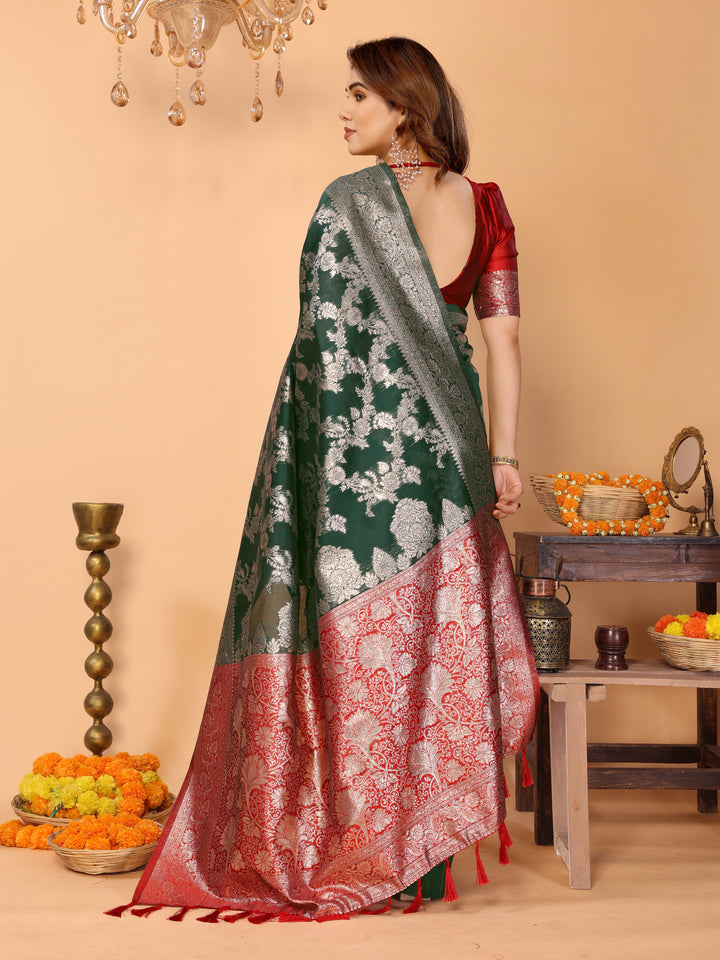 Bottle Green Banarasi Silk Saree with Silver Zari Weaving & Red Pallu – Elegant Wedding & Festive Collection