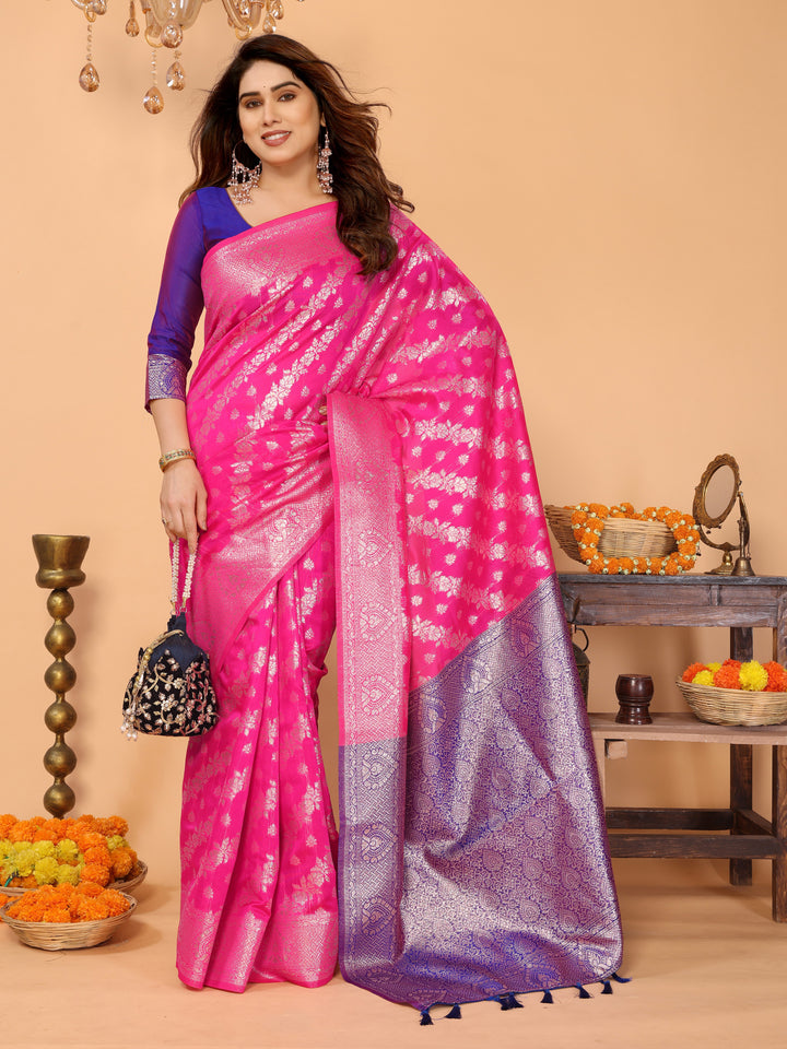 Rani Pink Banarasi Silk Saree with Royal Blue Pallu & Silver Zari – Festive Wedding Wear
