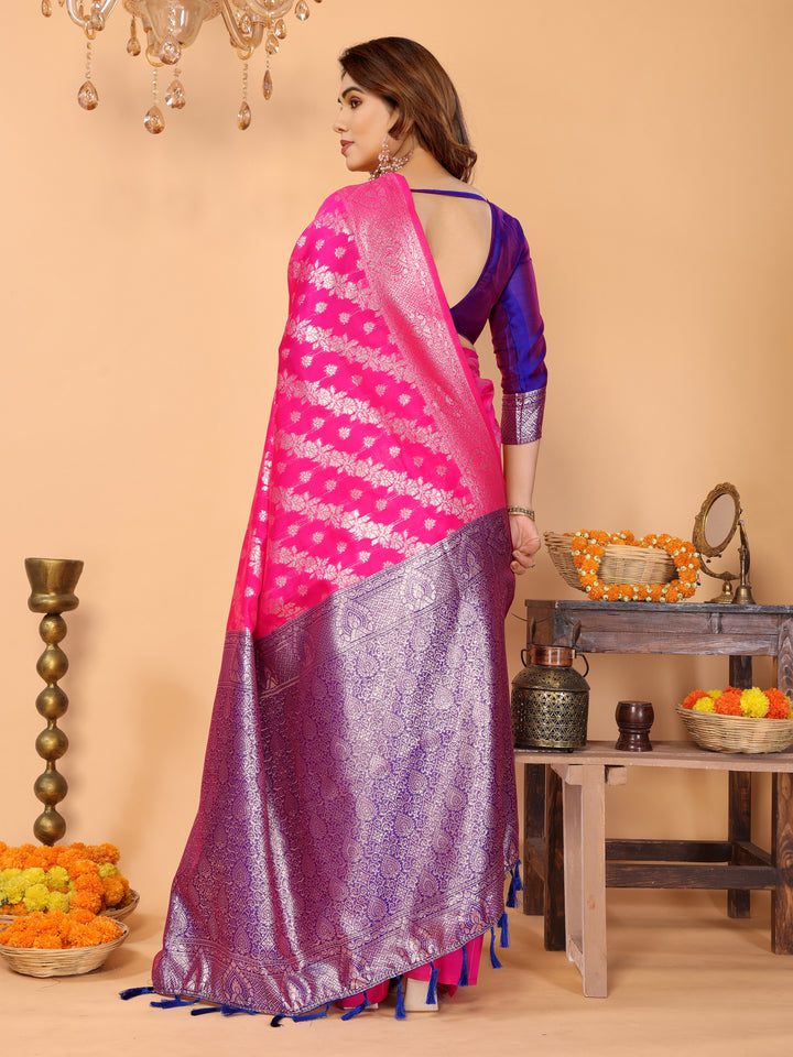 Rani Pink Banarasi Silk Saree with Royal Blue Pallu & Silver Zari – Festive Wedding Wear