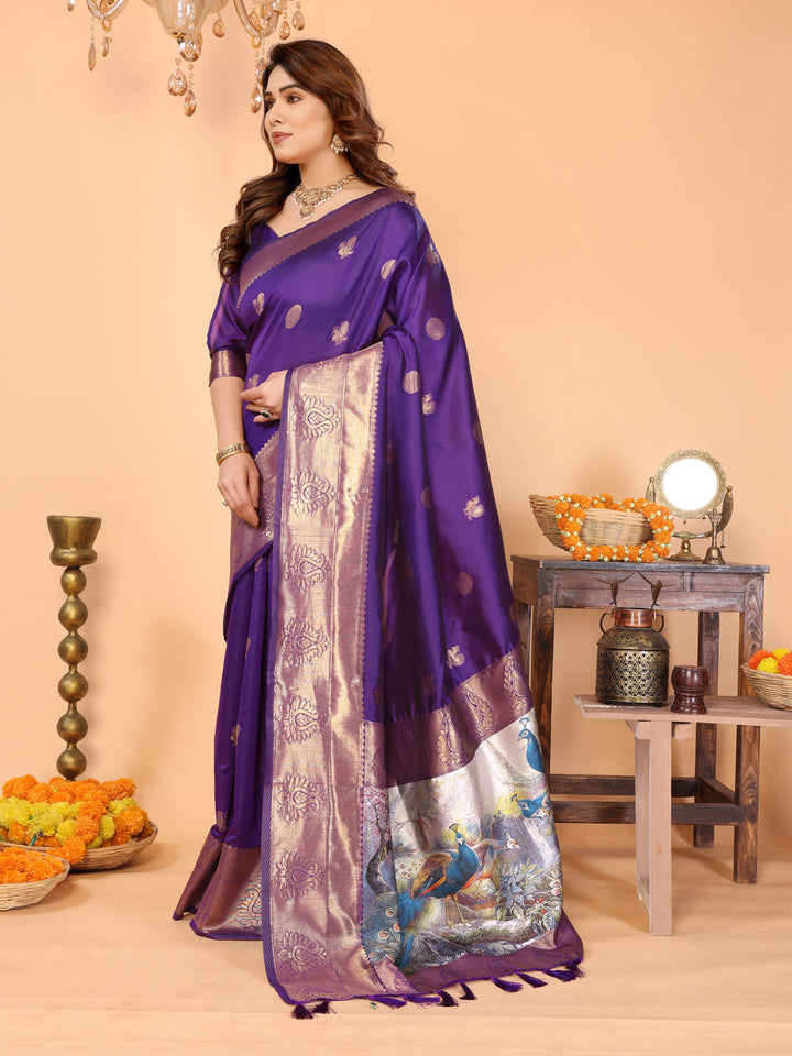 Royal Purple Banarasi Silk Saree with Golden Zari Weaving & Peacock Digital Pallu – Elegant Festive Wear