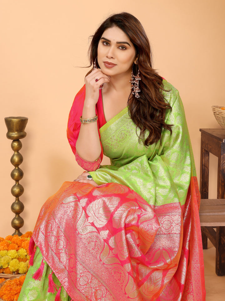 Parrot Green Banarasi Silk Saree with Coral Pink Pallu & Zari Weaving – Festive Traditional Wear