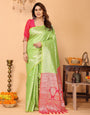 Parrot Green Banarasi Silk Saree with Coral Pink Pallu & Zari Weaving – Festive Traditional Wear