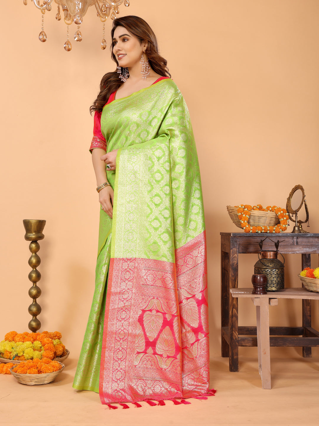 Parrot Green Banarasi Silk Saree with Coral Pink Pallu & Zari Weaving – Festive Traditional Wear