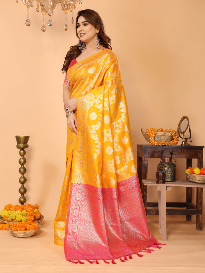 Traditional Yellow Banarasi Silk Saree with Pink Zari Border and Blouse – Festive Traditional Wear