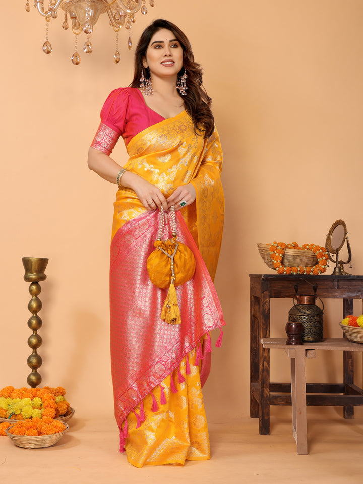 Traditional Yellow Banarasi Silk Saree with Pink Zari Border and Blouse – Festive Traditional Wear