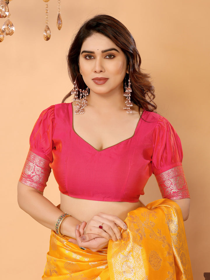 Traditional Yellow Banarasi Silk Saree with Pink Zari Border and Blouse – Festive Traditional Wear