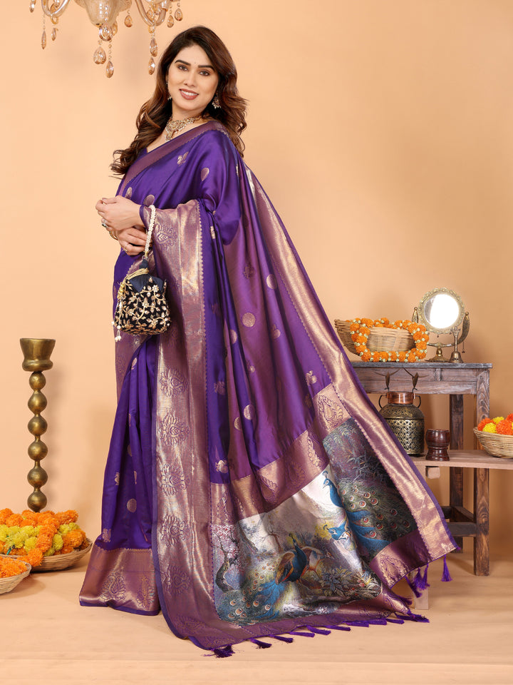 Royal Purple Banarasi Silk Saree with Golden Zari Weaving & Peacock Digital Pallu – Elegant Festive Wear