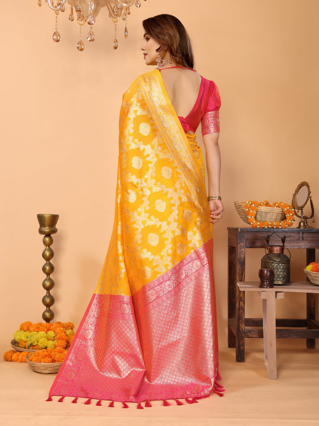 Traditional Yellow Banarasi Silk Saree with Pink Zari Border and Blouse – Festive Traditional Wear