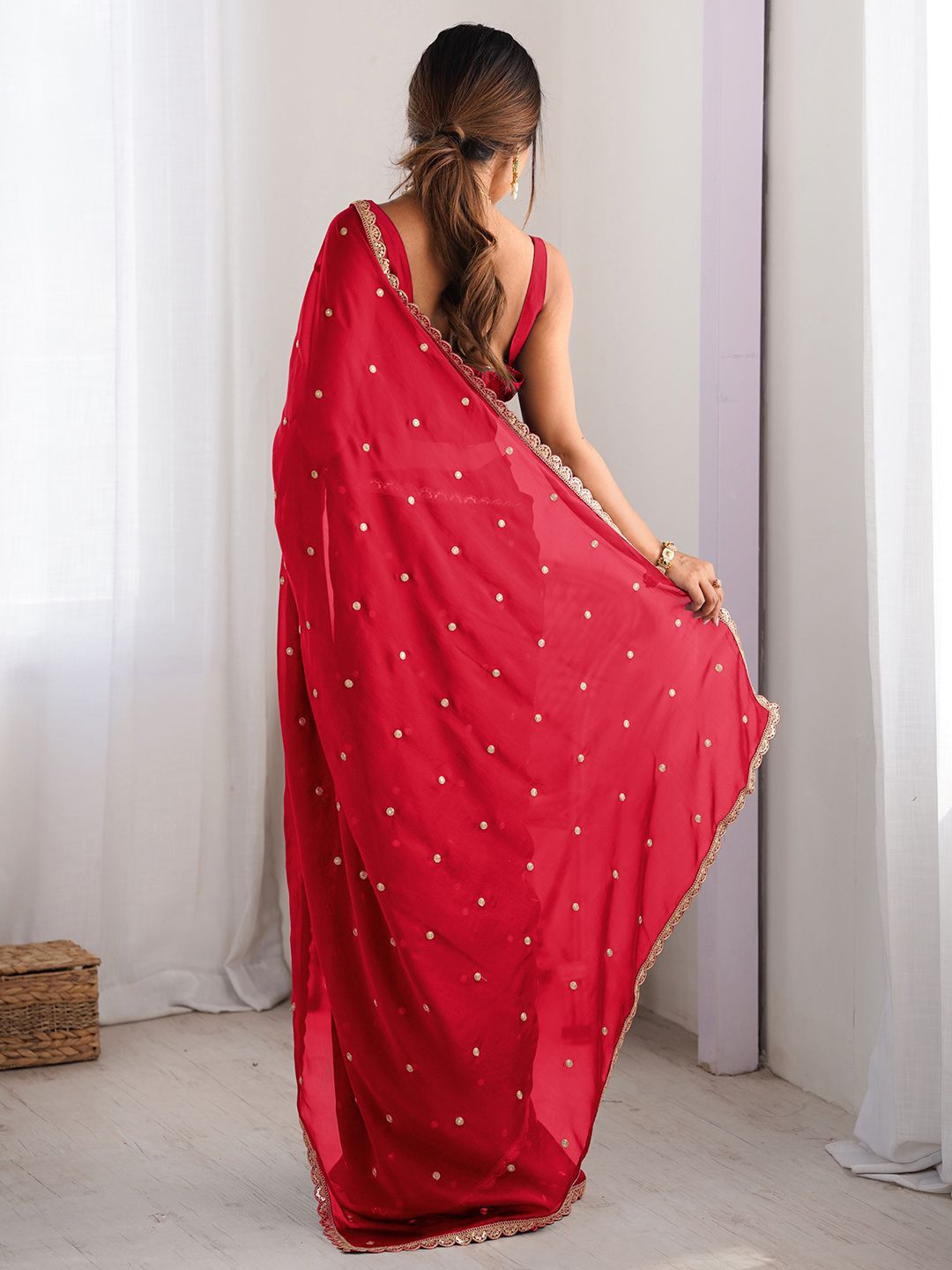 Royal Red Georgette Saree with Golden Zari Lace Border & Sequin Work – Elegant Party & Wedding Wear
