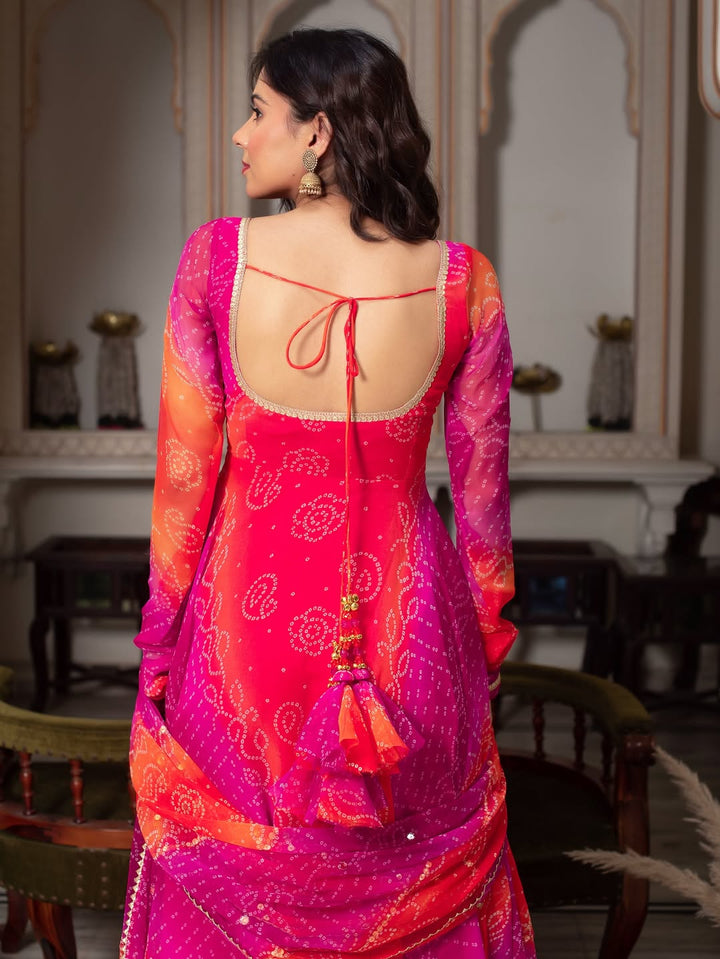 Bandhani Print Fancy Anarkali Suit Set – Pink & Orange | Festive Ethnic Wear for Women