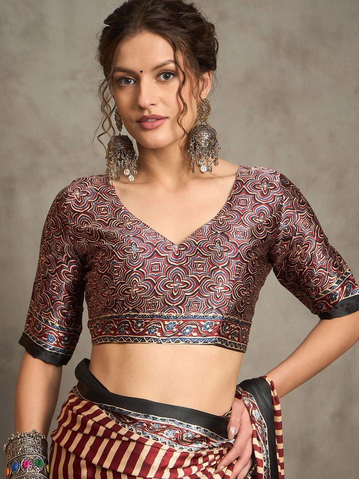 Maroon & Beige Striped Gajji Silk Saree with Mandala-Inspired Pallu
