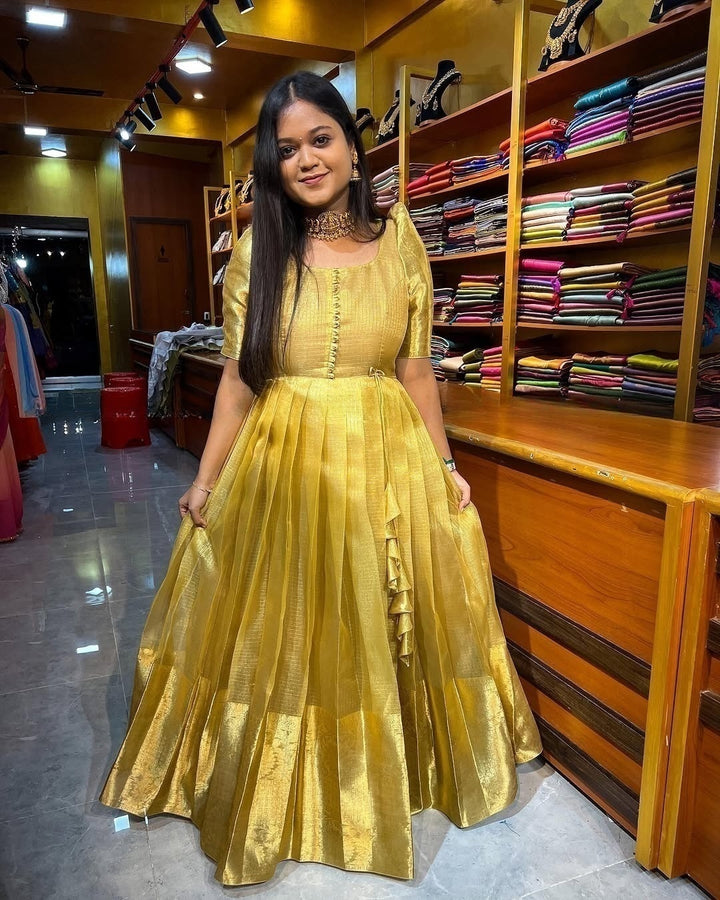 Golden Tissue Silk Gown for Women - Elegant Full-Length Party Wear Dress
