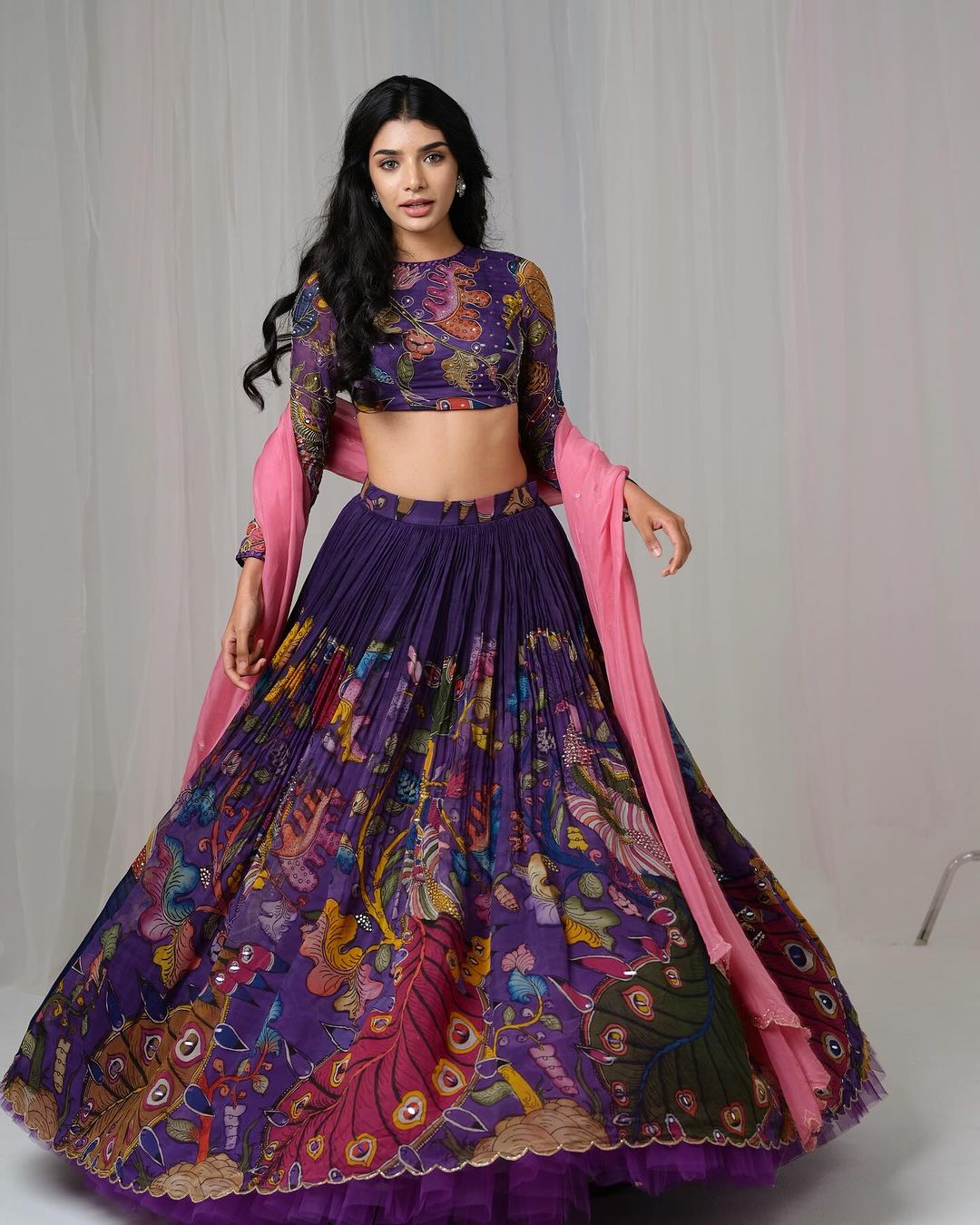 Traditional Purple Kalamkari Lehenga Set with Peacock Motif and Pink Dupatta