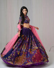 Traditional Purple Kalamkari Lehenga Set with Peacock Motif and Pink Dupatta