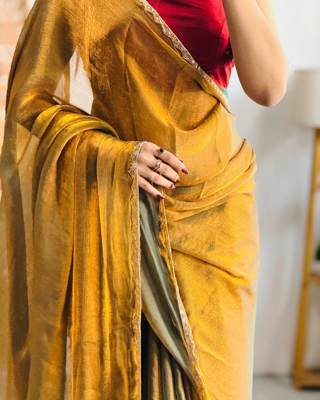 Golden Mustard Handwoven Tissue Saree with Intricate Border – Elegant Traditional Indian Wear for Festive Occasions