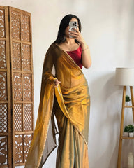 Golden Mustard Handwoven Tissue Saree with Intricate Border – Elegant Traditional Indian Wear for Festive Occasions