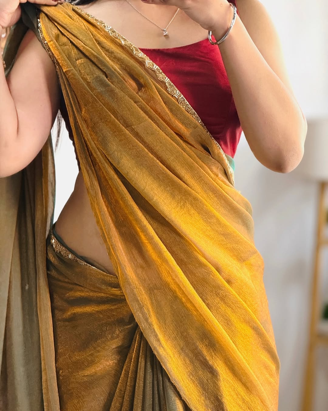 Golden Mustard Handwoven Tissue Saree with Intricate Border – Elegant Traditional Indian Wear for Festive Occasions