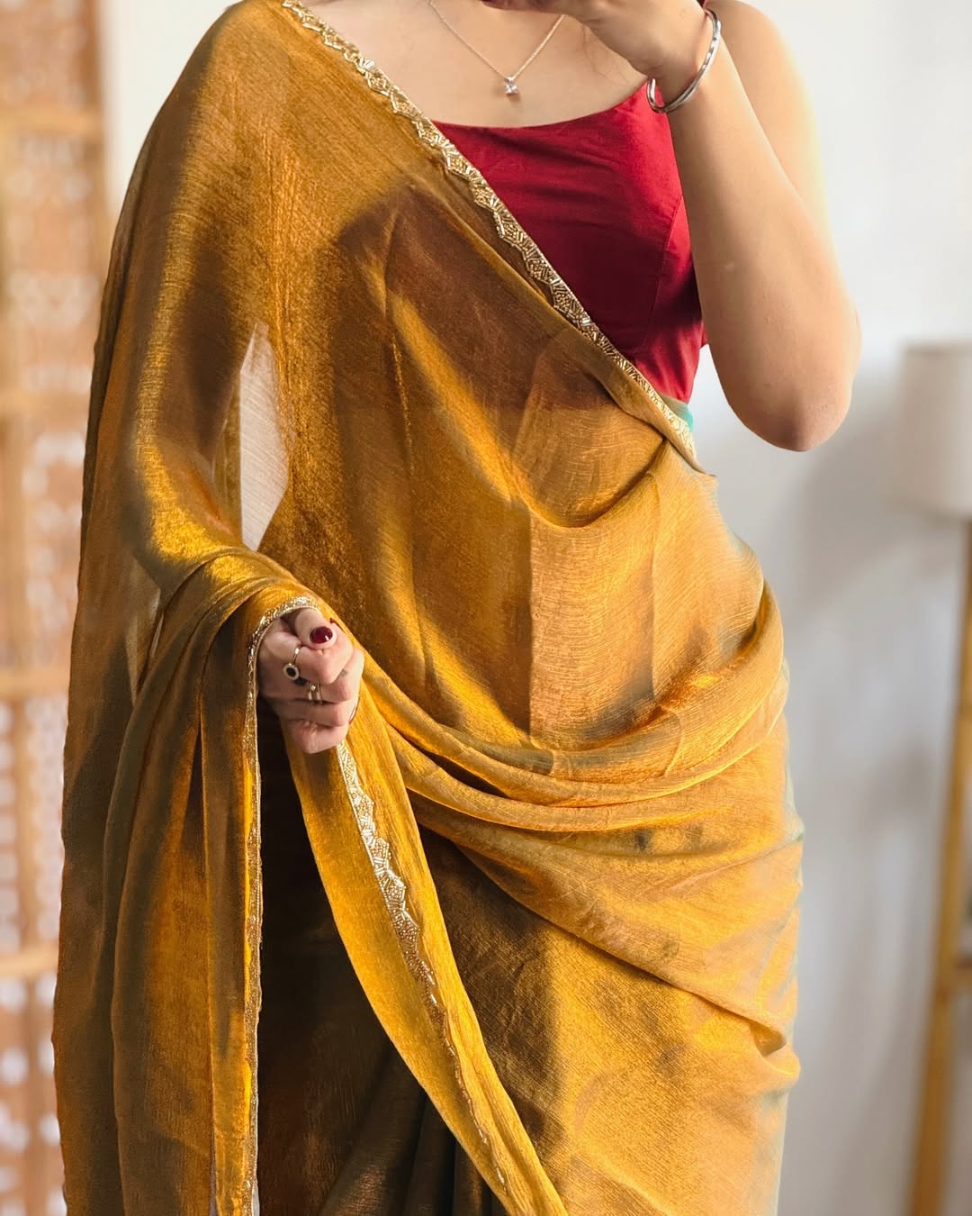 Golden Mustard Handwoven Tissue Saree with Intricate Border – Elegant Traditional Indian Wear for Festive Occasions